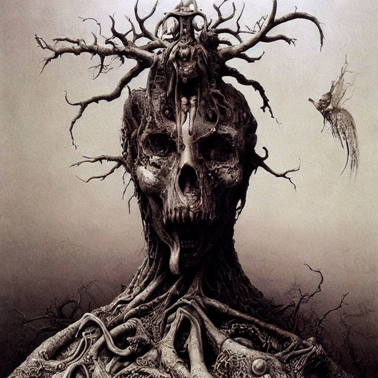 Dark fantasy art: Skull with tree branches and crow