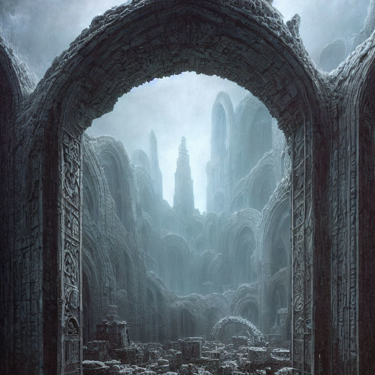 Ancient stone city with arched doorway, foggy ruins, and central spire.