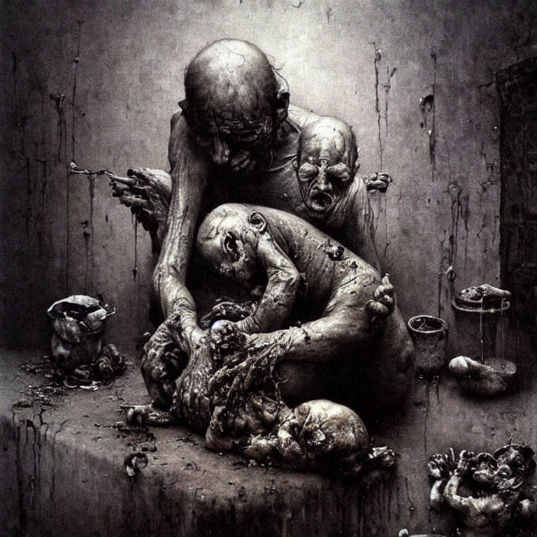 Distorted humanoid figures in dark, surreal room with somber tones