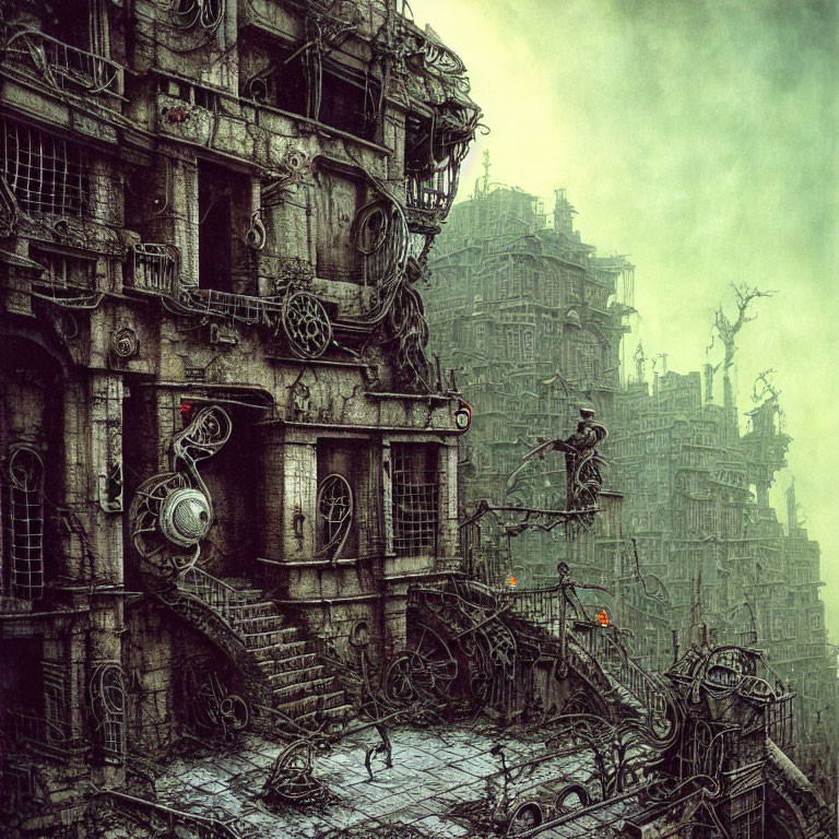 Dystopian Cityscape with Dilapidated Buildings and Metalwork