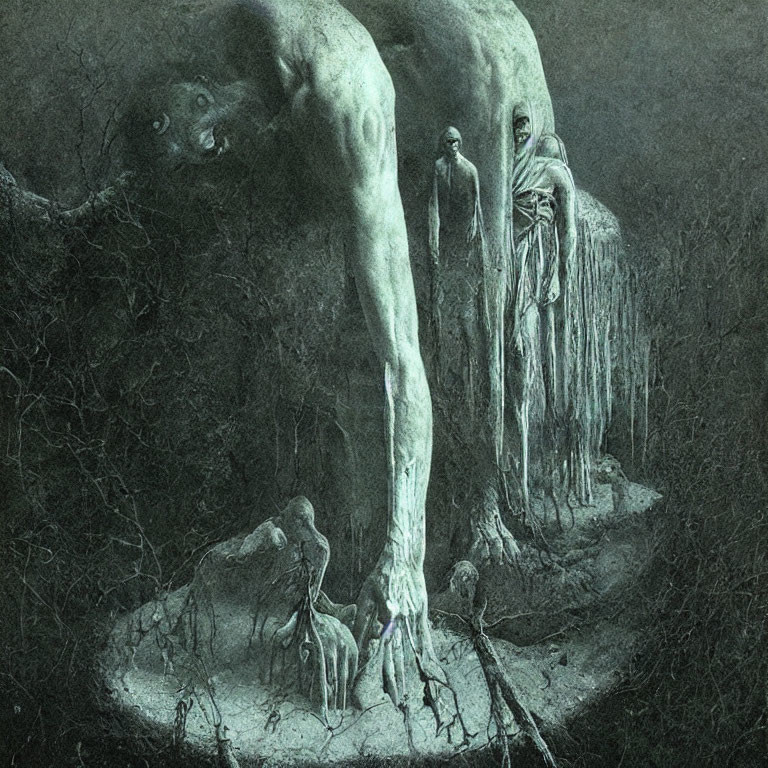 Elongated humanoid figures in eerie forest setting