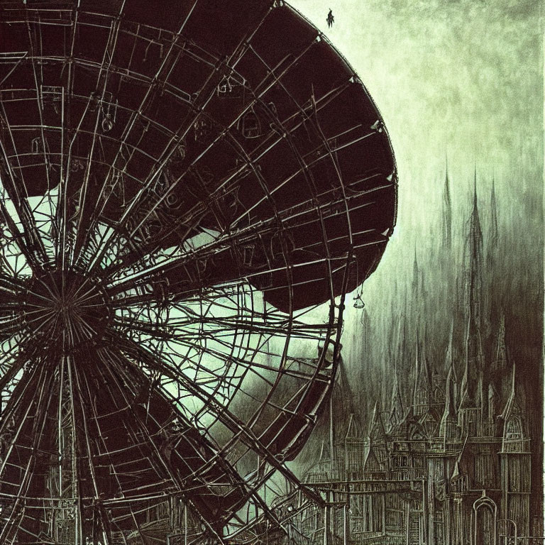 Gothic architecture and ferris wheel in dark, atmospheric setting