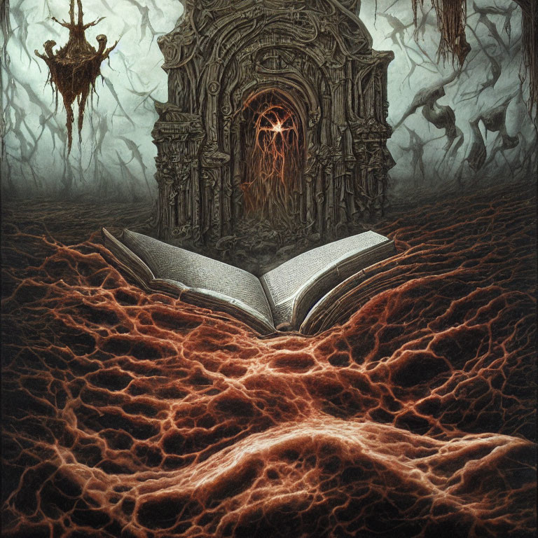 Open book on cracked ground with fiery veins near sinister door, twisted trees, and hanging figure in dark