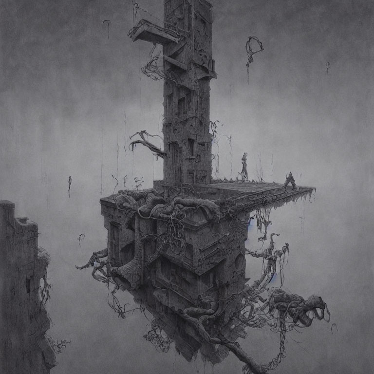 Monochromatic surreal drawing of dilapidated vertical structure with bridges, vines, and floating objects