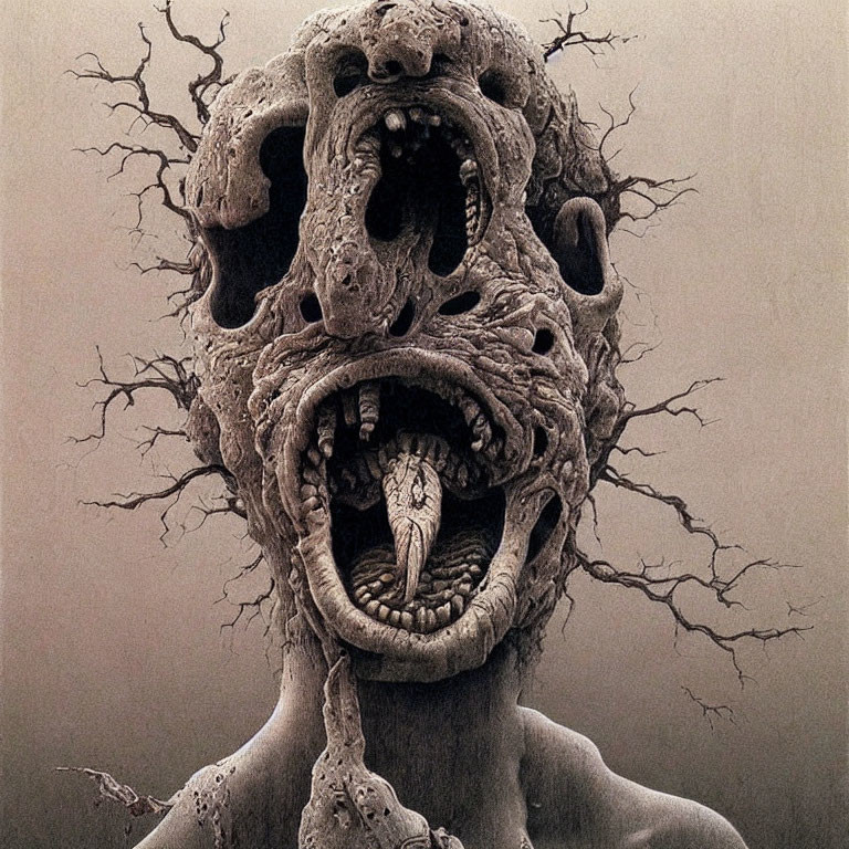 Surreal artwork: humanoid figure with distorted faces and gaping mouths among barren tree branches