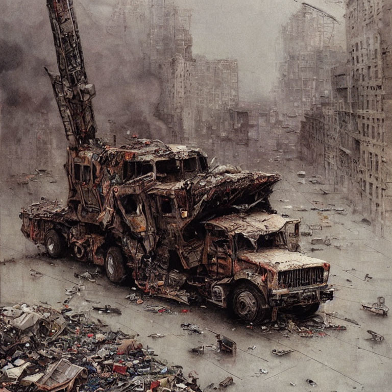 Dystopian urban ruins with damaged crane truck and debris under bleak sky