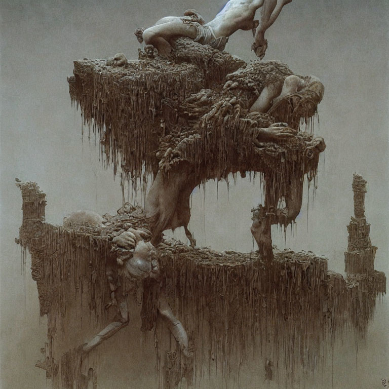 Surreal monochromatic artwork with merged human figures and eroded platforms