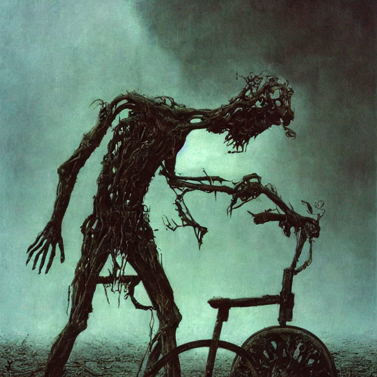 Spooky branch figure by wheelchair in moonlit fog