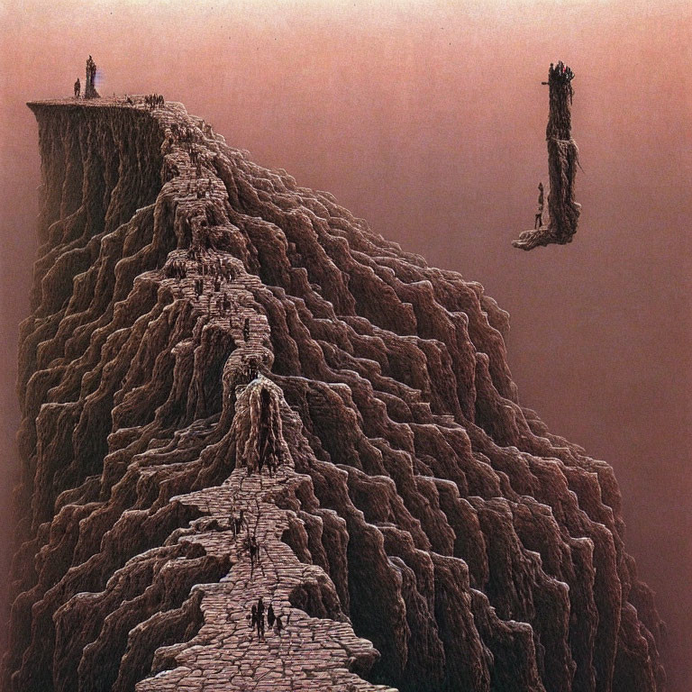 Surreal landscape with jagged rock formation and figures overlooking precipice