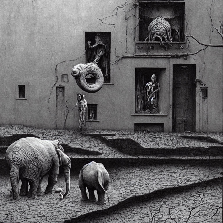 Surreal black and white illustration of elephants on cobbled street