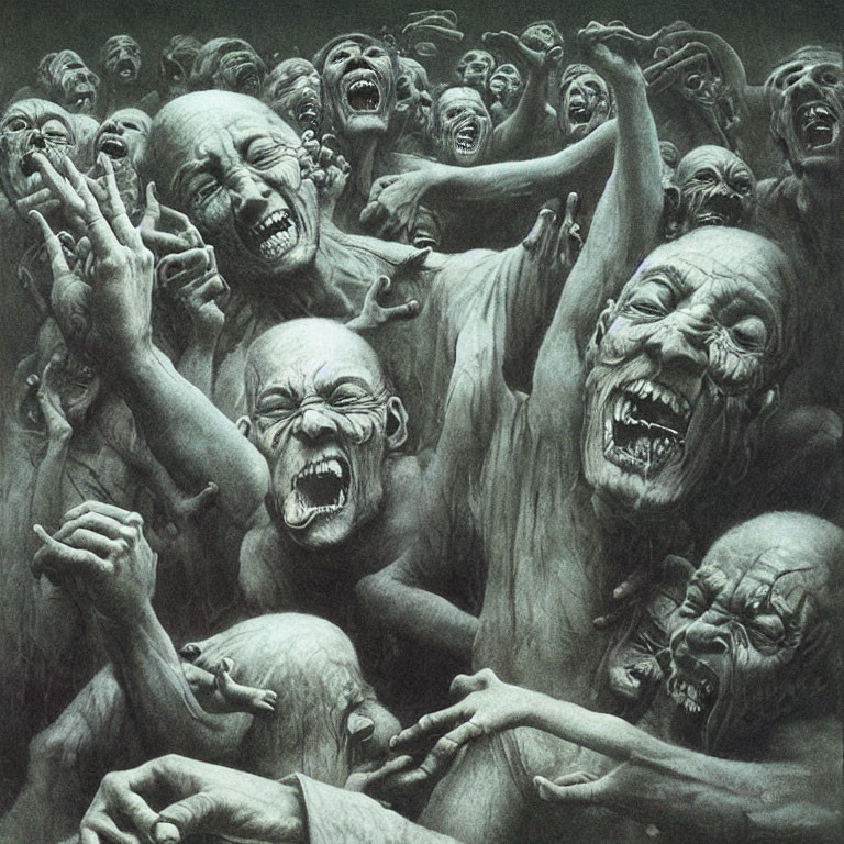 Monochrome artwork of anguished, screaming figures in tight space