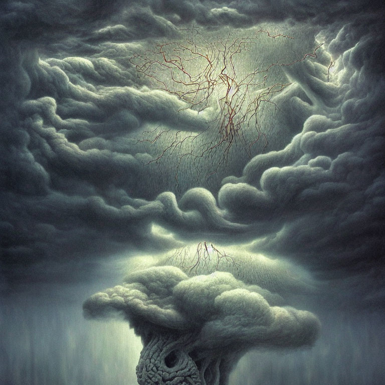 Surreal painting of tree in storm clouds and mushroom cloud