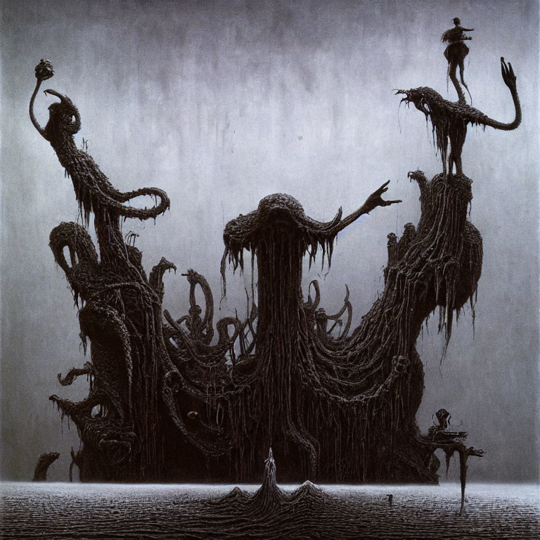 Monochromatic surreal artwork: twisted trees, elongated figures