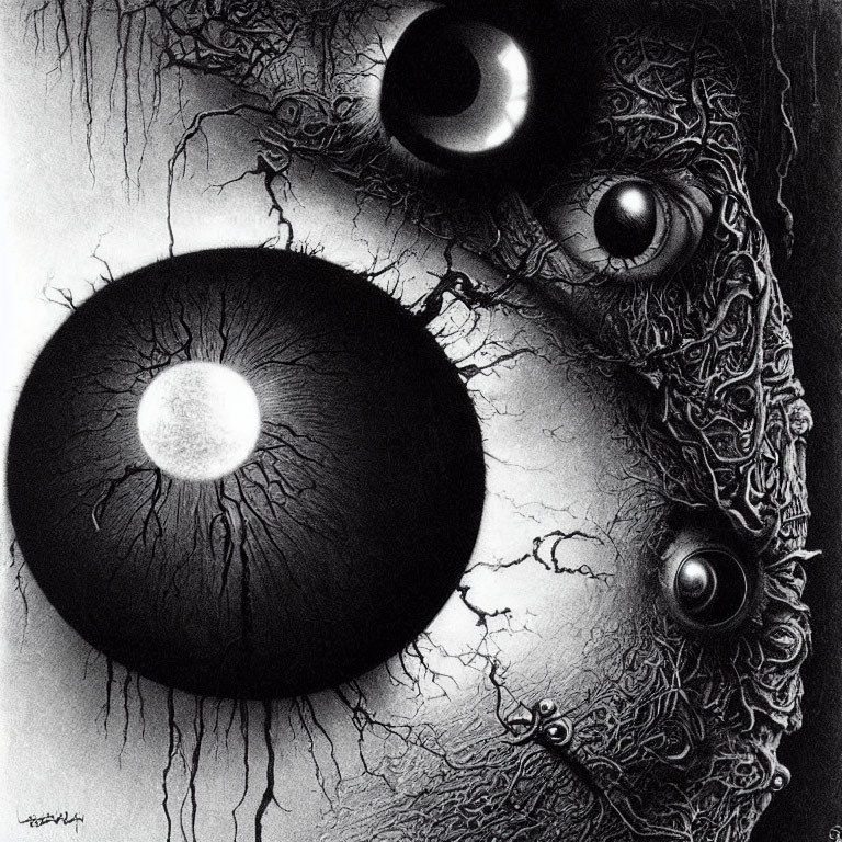 Surrealist black and white artwork with exaggerated human eyes