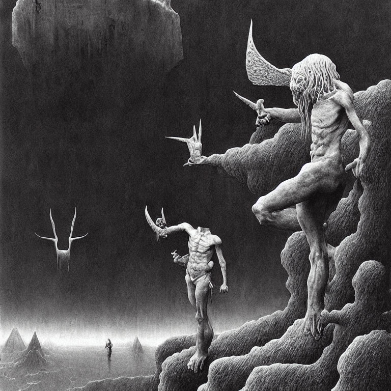 Surreal black and white illustration of grotesque humanoid creatures in desolate landscape