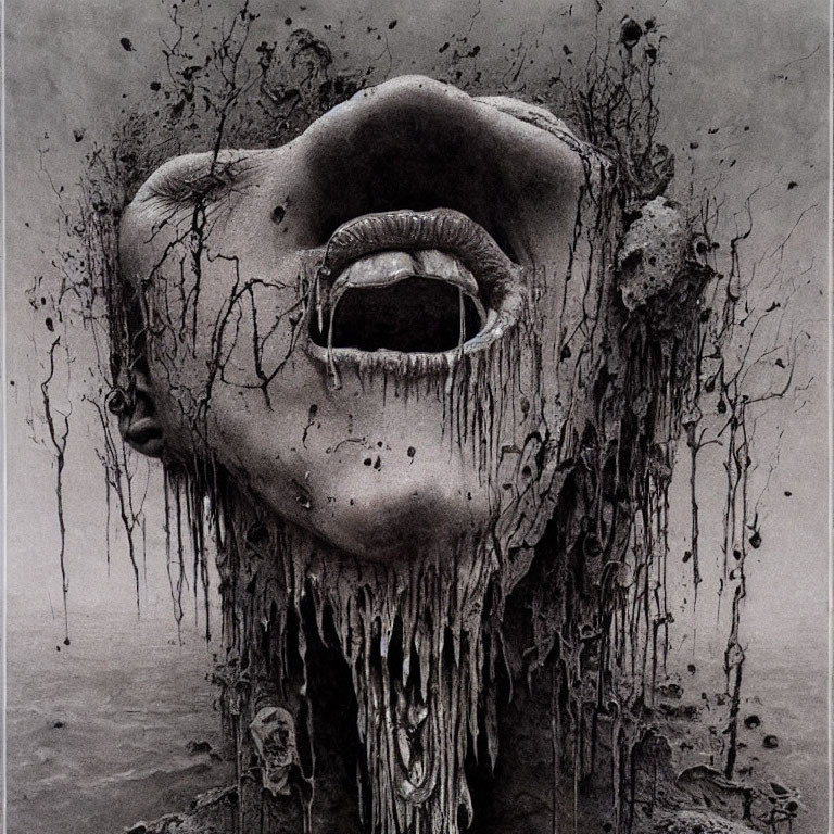 Surreal open mouth with dripping liquid on desolate background