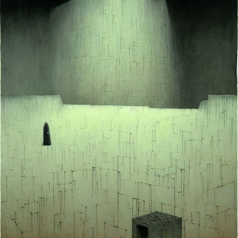 Mysterious cloaked figure in abstract room with geometric shapes.