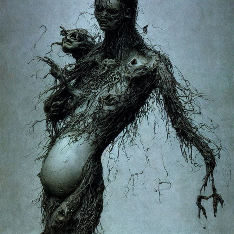 Dark-toned painting featuring humanoid figure with branch-like textures and entwined forms