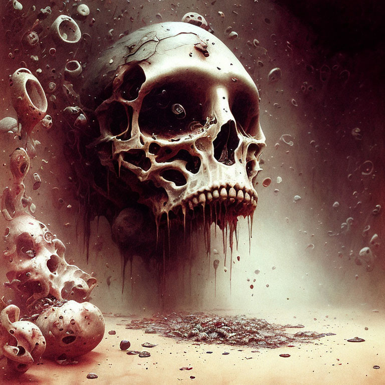 Surreal skull surrounded by smaller skulls and bubbles in sepia-toned mist