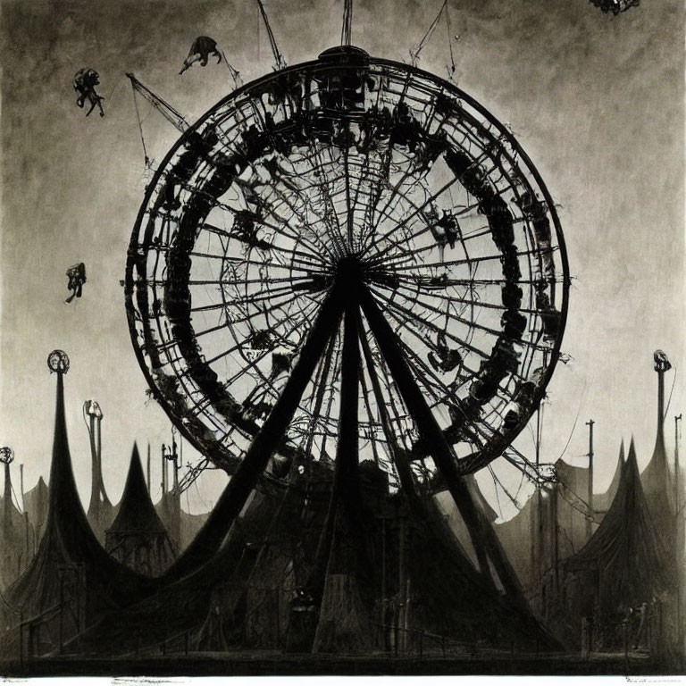 Silhouetted figures on Ferris wheel in dark sky landscape