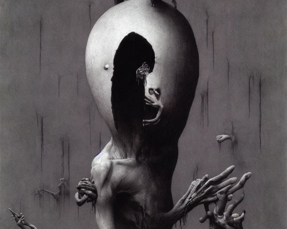 Surreal black and white image: Human figure with egg-shaped head cracked open, figures emerging,