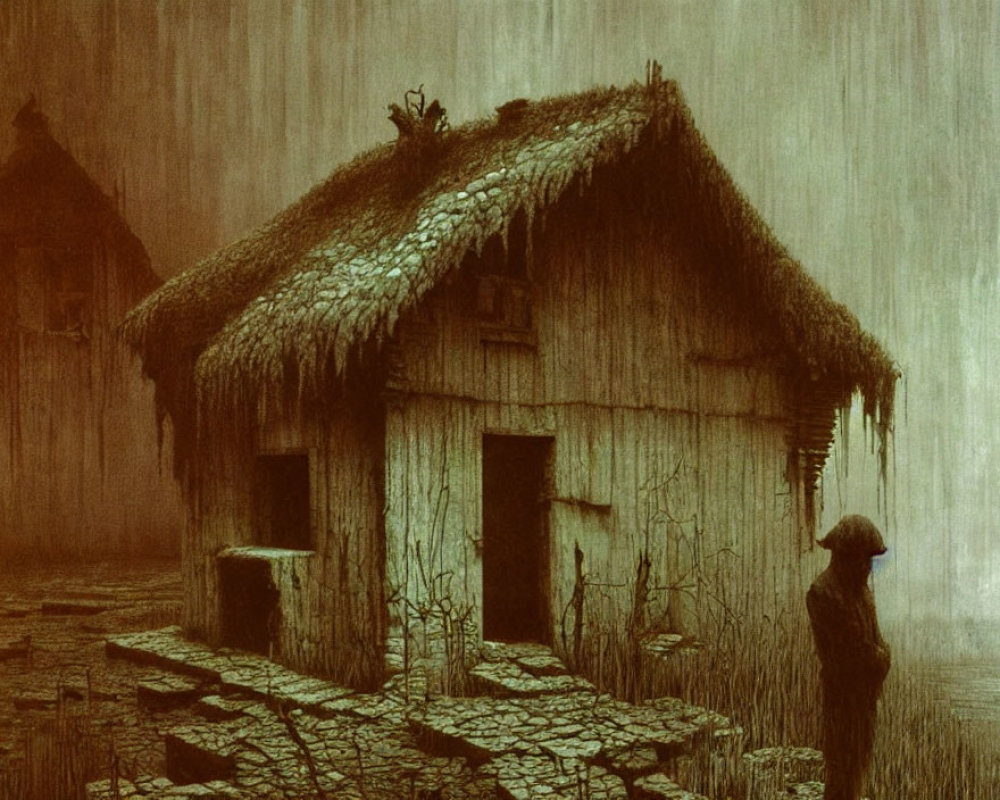 Person in conical hat by dilapidated hut in heavy rain