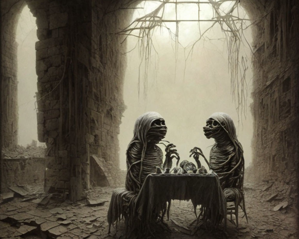 Skeletal figures in robes at a vine-covered table in a dilapidated room