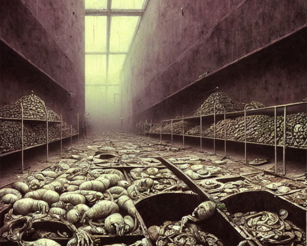 Desolate room with rows of pumpkin-like vegetables on beds, diffused light from large window.