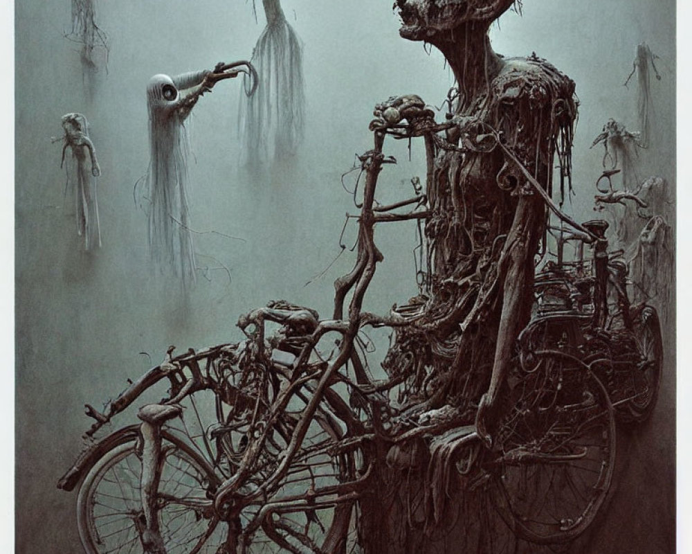 Surreal dark artwork: skeletal figure on dilapidated bicycle with ghostly entities