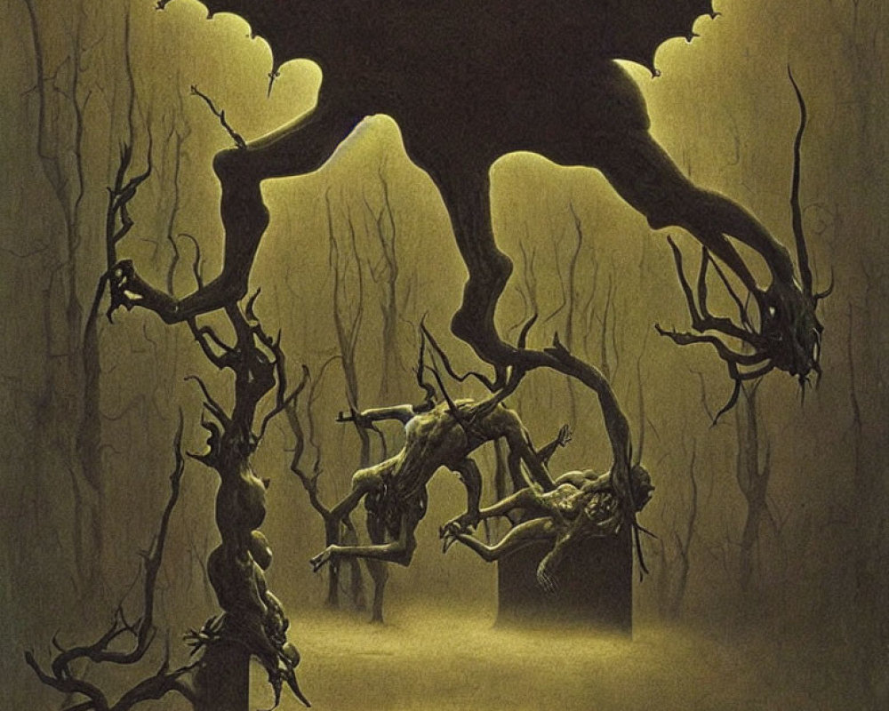 Surreal forest illustration with twisted trees and humanoid figures in yellow haze