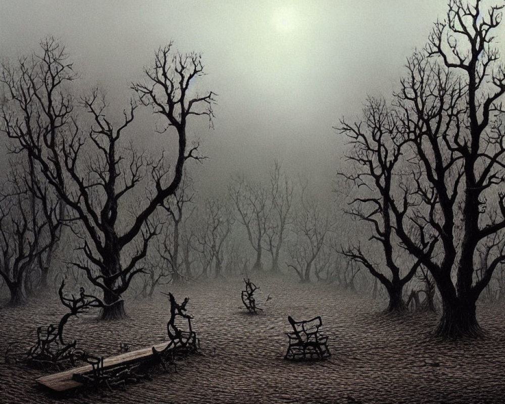 Moonlit foggy scene with bare trees and empty park benches