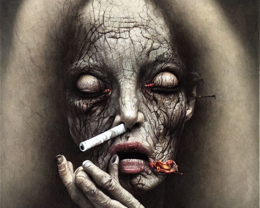 Illustration of person with cracked skin, red eyes, cigarette, and burning chili pepper.