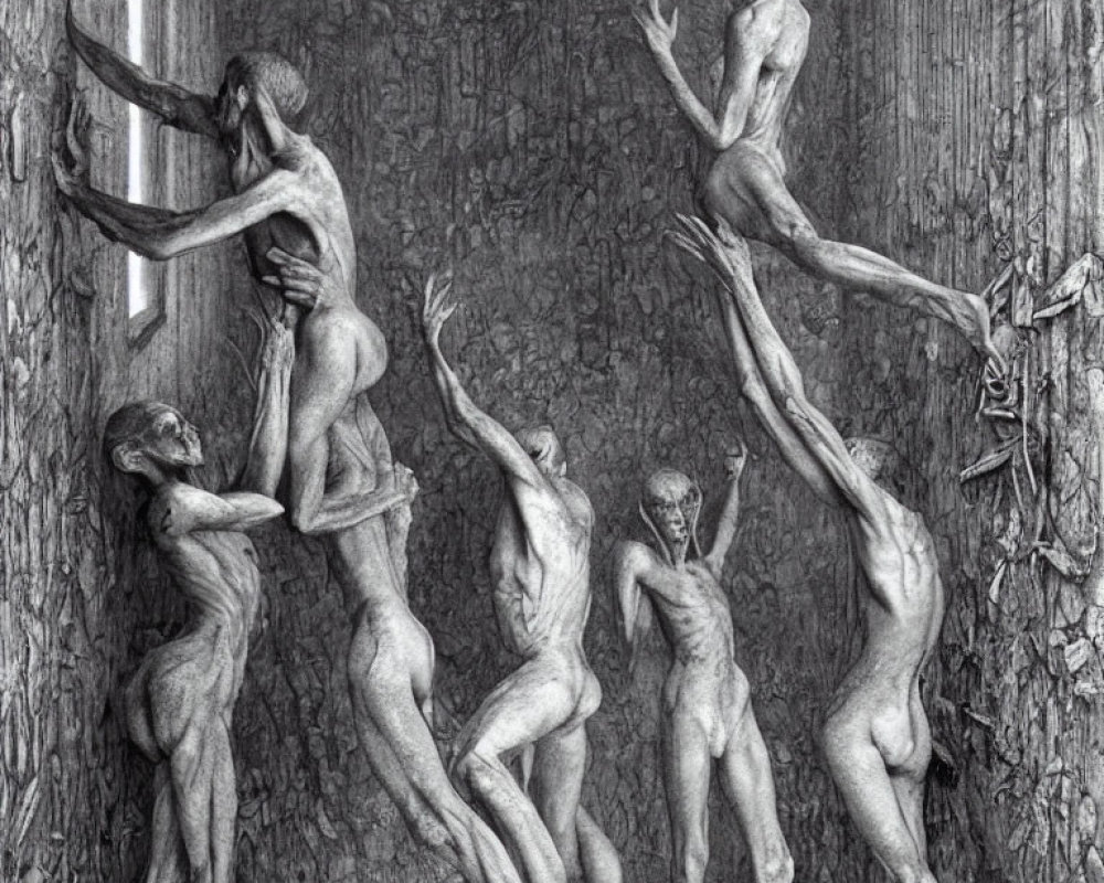 Grayscale artwork of seven nude figures in dynamic poses