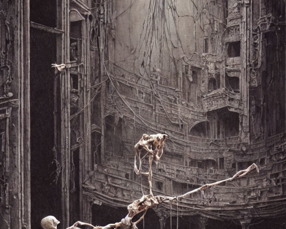 Skeletal figure in ornate chamber with hanging cables