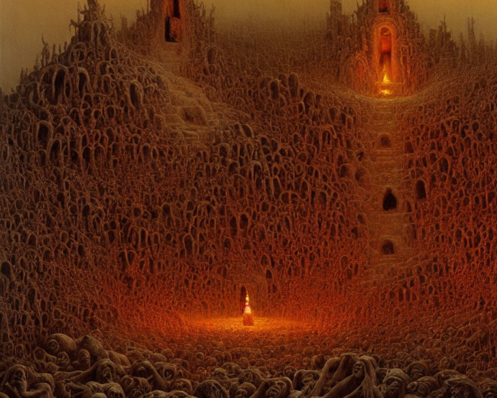 Surreal landscape with bone-like structures and central figure in warm glow