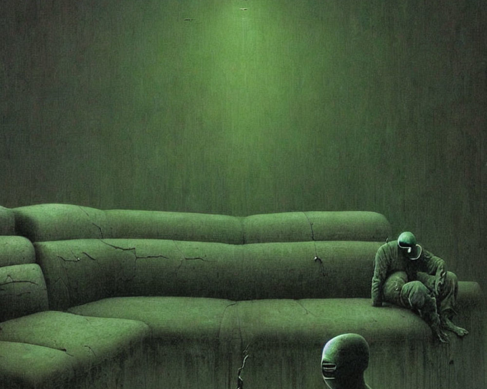 Two humanoid figures in dimly lit green room with large curved sofa, one seated on ground, other