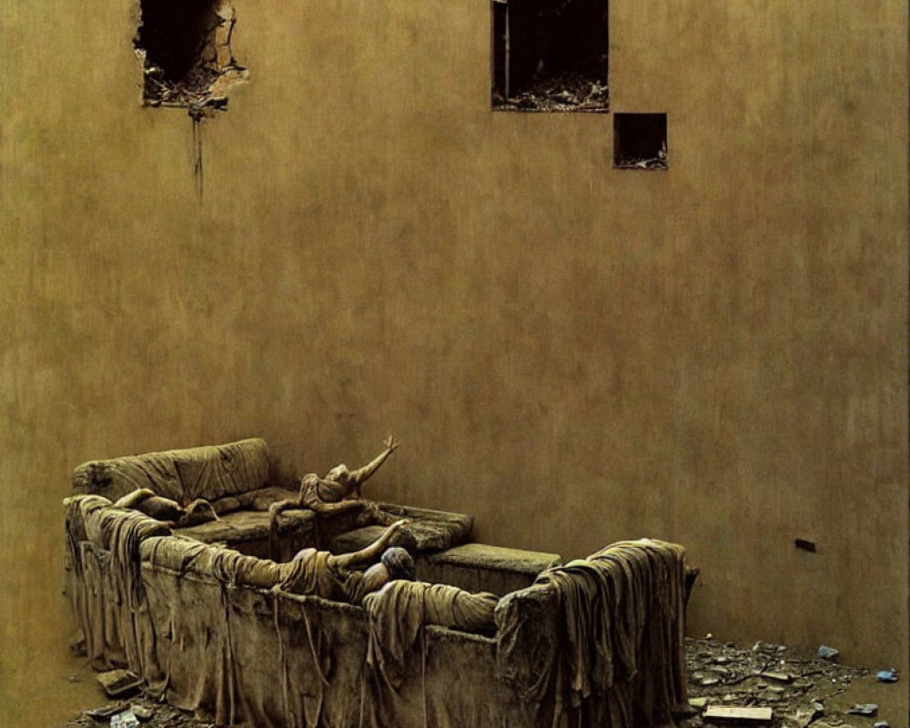 Abandoned room with yellow walls, high windows, tattered couch, and debris