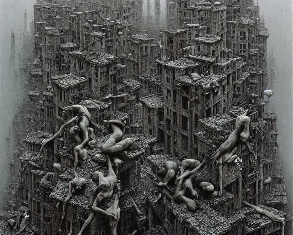 Monochromatic dystopian cityscape with giant human figures