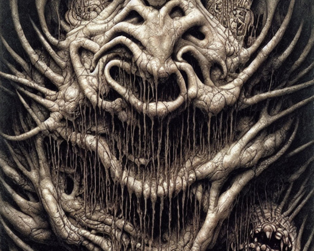 Detailed grotesque illustration of monstrous face with vein-like textures.