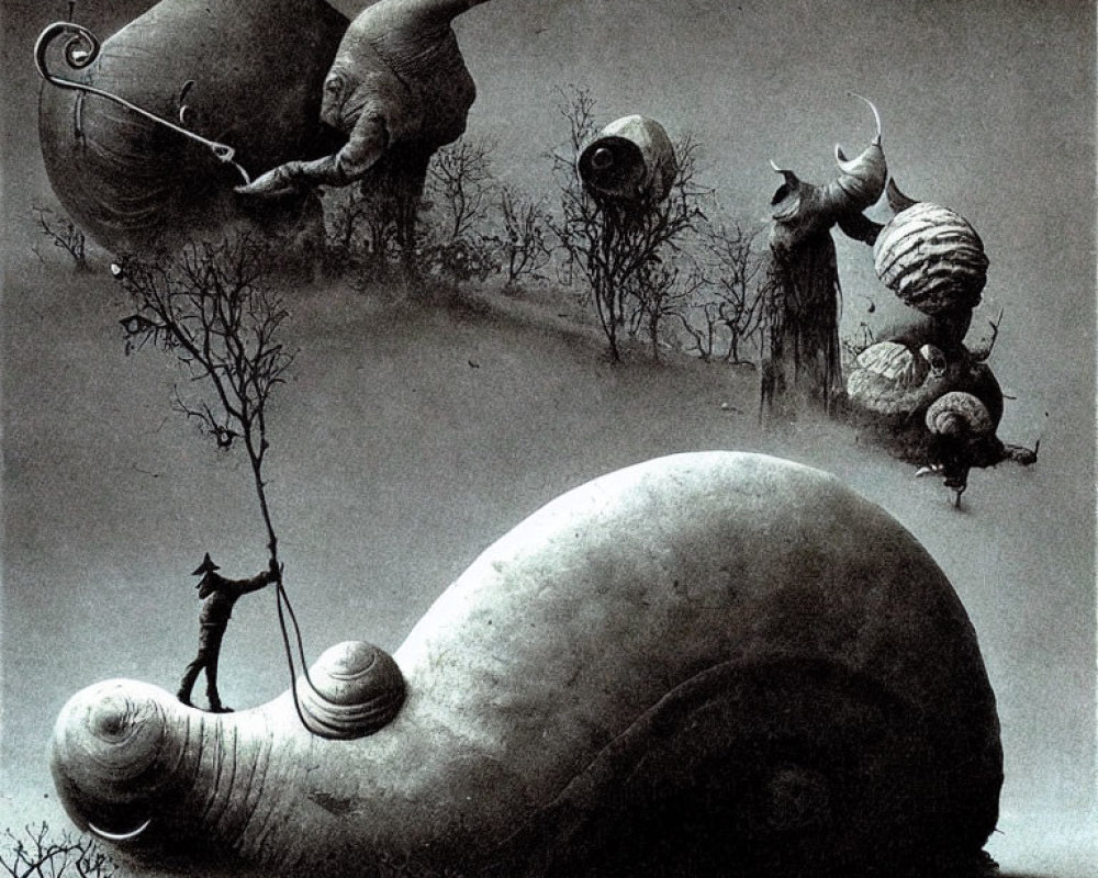 Monochromatic surreal landscape with oversized snails and barren trees