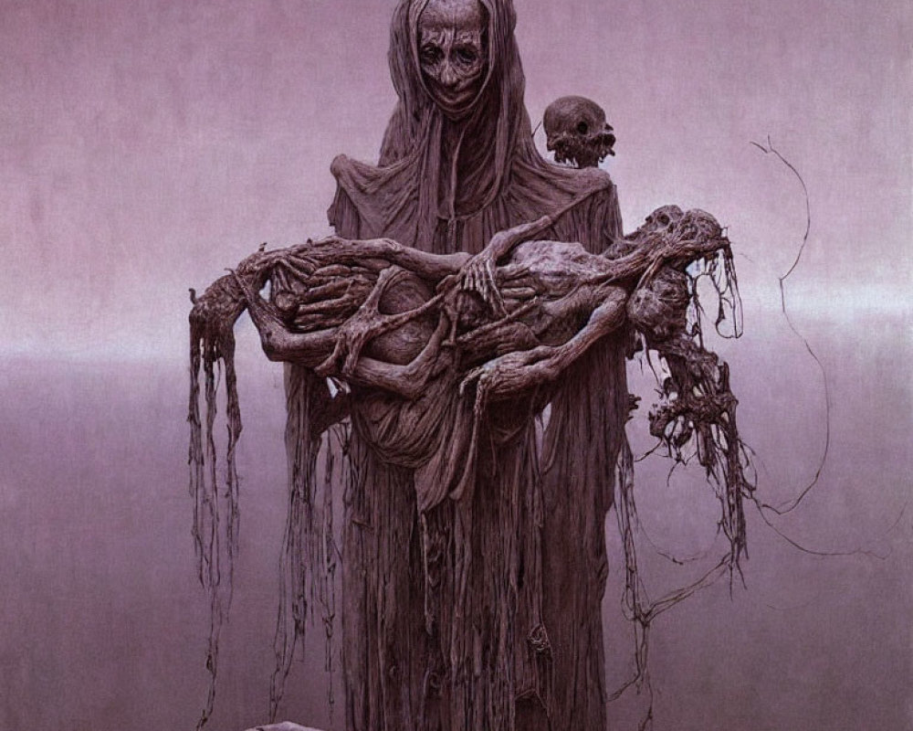 Dark Artwork: Cloaked Figure with Skeleton in Eerie Setting