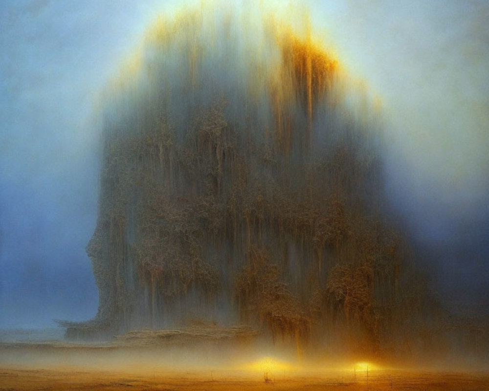 Steamy geyser eruption with sunlight glow on blurred background