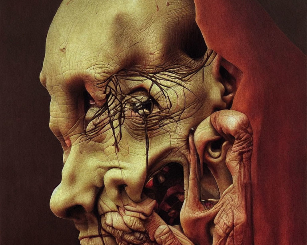 Hyper-realistic humanoid figure with exposed skull and intense gaze on dark background