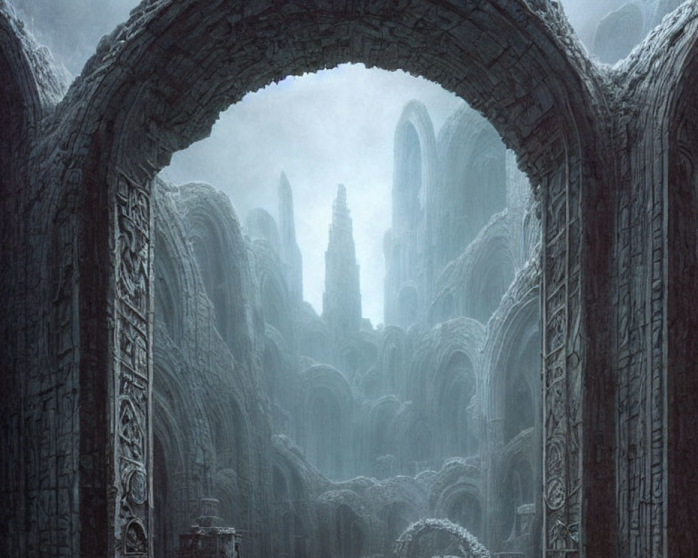 Ancient stone city with arched doorway, foggy ruins, and central spire.