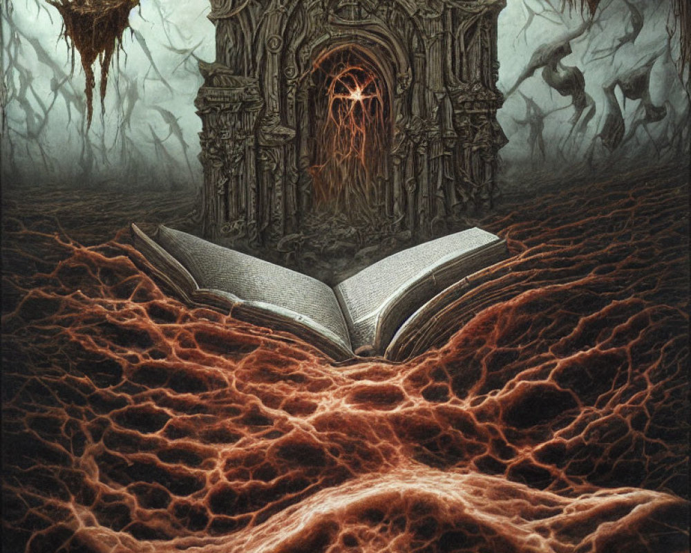 Open book on cracked ground with fiery veins near sinister door, twisted trees, and hanging figure in dark