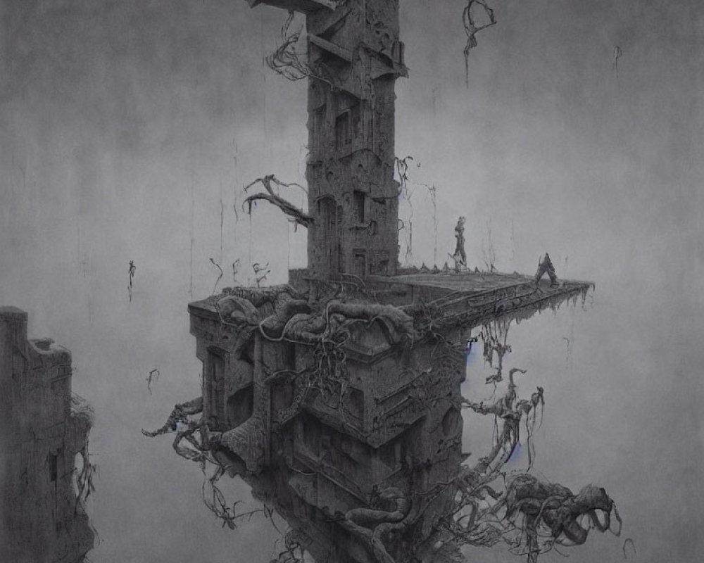 Monochromatic surreal drawing of dilapidated vertical structure with bridges, vines, and floating objects