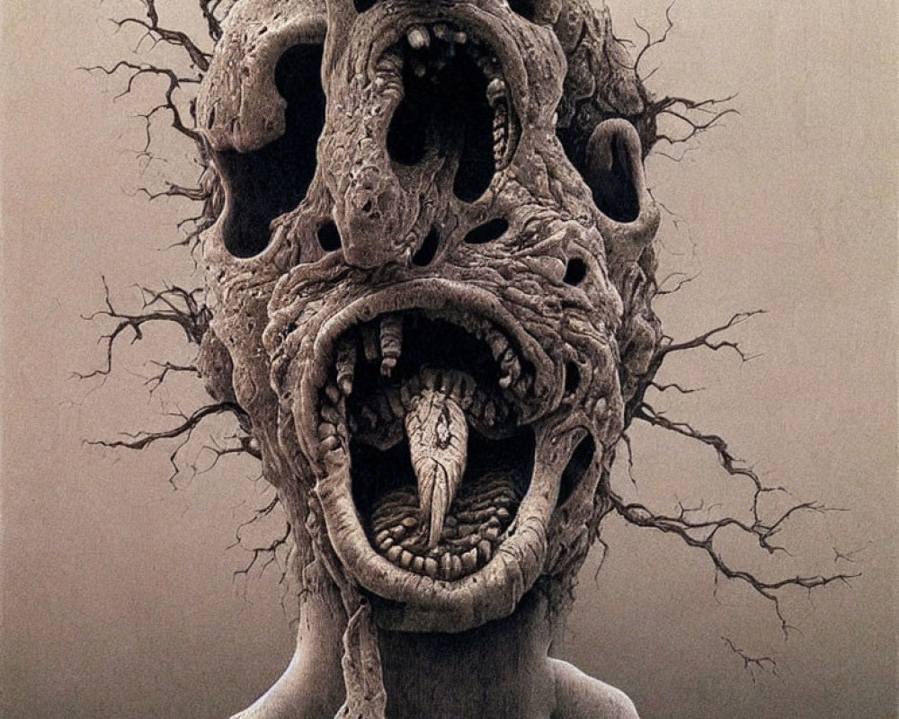 Surreal artwork: humanoid figure with distorted faces and gaping mouths among barren tree branches