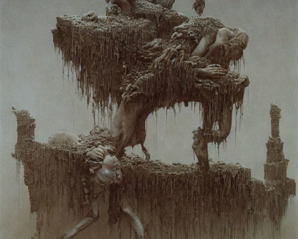 Surreal monochromatic artwork with merged human figures and eroded platforms