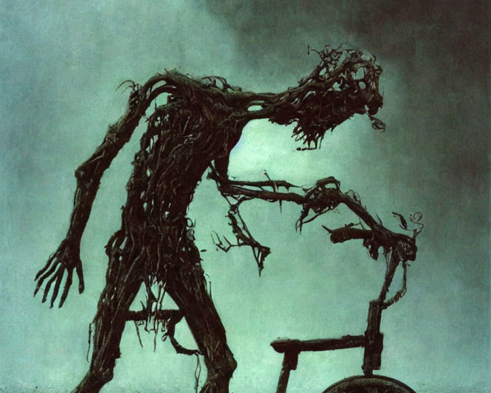 Spooky branch figure by wheelchair in moonlit fog