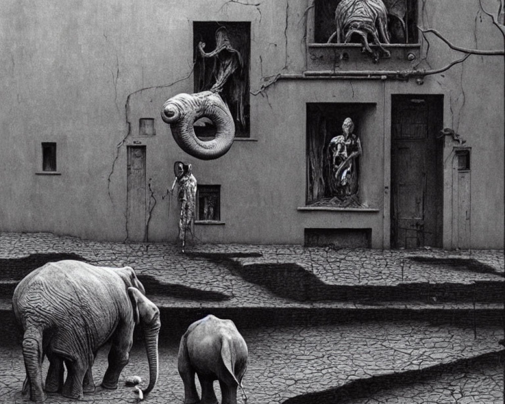 Surreal black and white illustration of elephants on cobbled street